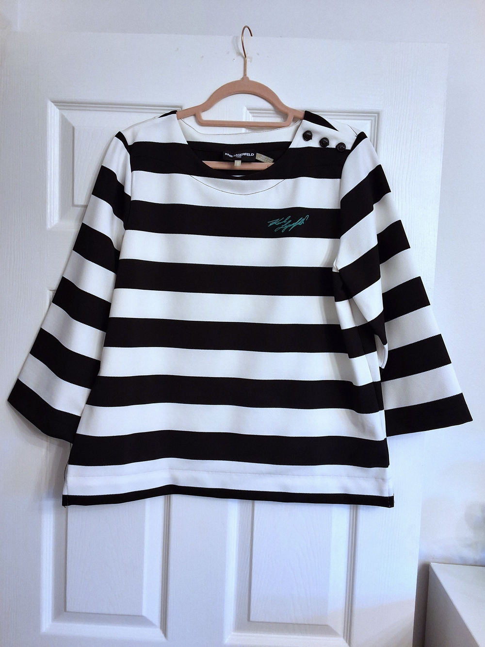 Karl Lagerfeld Black & White Striped Boatneck Top with Shoulder Buttons Women's